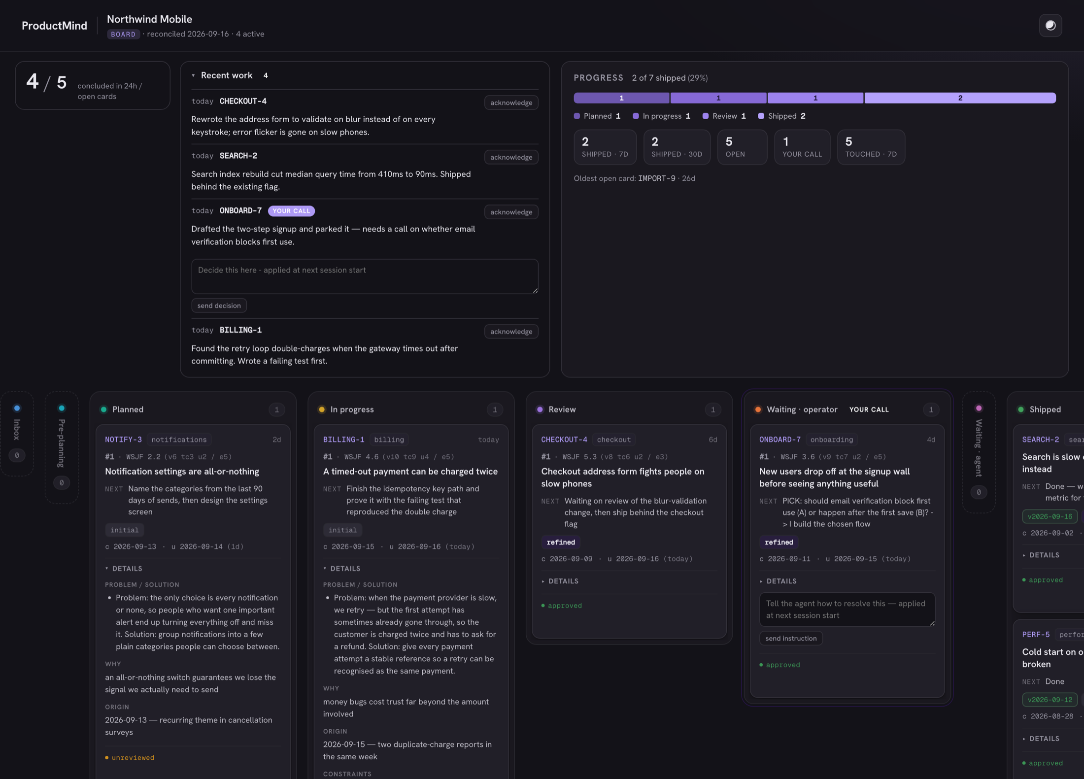 An example Auto Kanban board for a fictional product team, showing the progress section, the recent-work feed with a decision box, and cards expanded to reveal their problem, solution, reasoning and constraints.